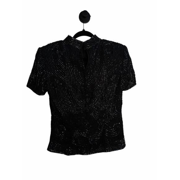 Papell Boutique Evening Beaded Sequin Silk Top Black Short Sleeve Size Small - Picture 6 of 16